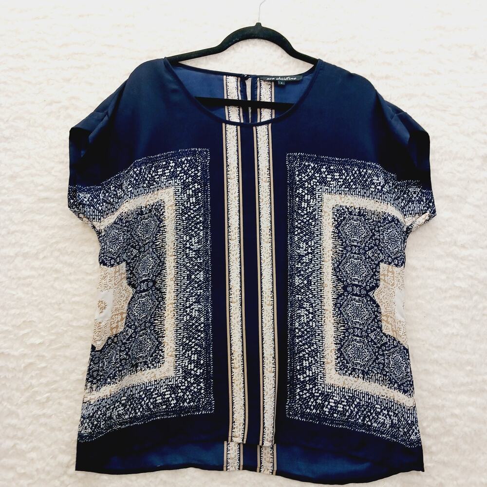 Blouse Navy Geometric Artsy Minimalist Modern Office Vacation Resort Y2K Size L